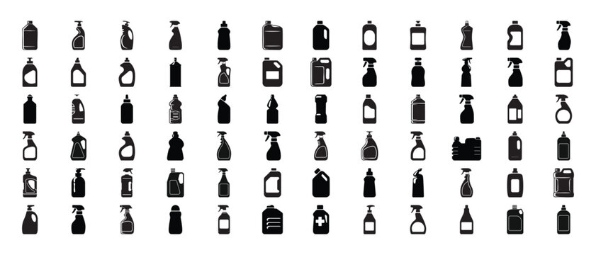 Household cleaning bottle silhouette icons set, minimalist black flat vector elements pack with liquid soap spray bottles detergent jugs plastic container tools and packaging