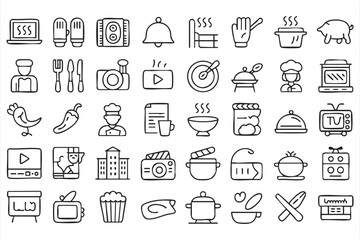 Fototapeta premium Food and Cooking Line Icon Set for Restaurant and Kitchen Design