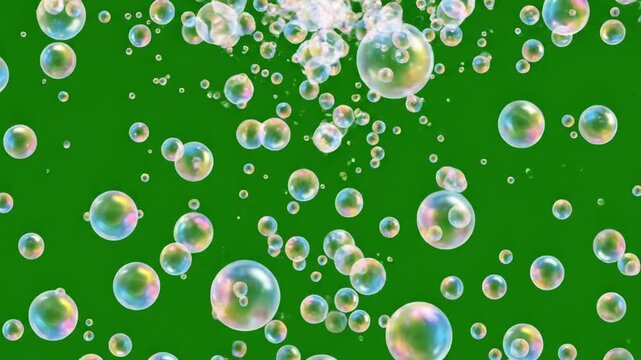 Iridescent soap bubbles floating up in front of a green screen background for video editing or overlay purposes