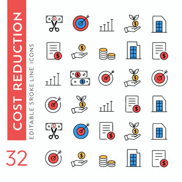 Thirty two cost reduction icons representing financial savings and efficient budget.
