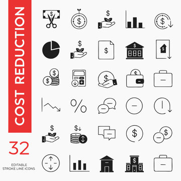 Cost reduction icon set for business finance management and expense optimization.