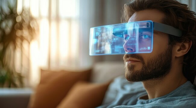 person wearing mixed reality headset viewing a translucent holographic interface in a sunlit living room, focused and curious