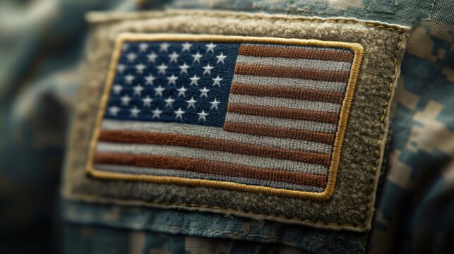 close-up of stitched american flag patch on camouflage military uniform conveying pride and solemn duty