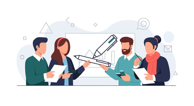 Diverse team collaborates on project, brainstorming ideas with pens and charts in a modern office setting.