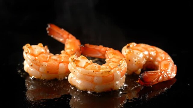 Three grilled tiger prawns with tails sizzling on a black reflective surface with rising steam. Macro view of cooked shrimp with char marks and oil bubbles on dark background.