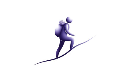 Obraz premium Stylized hiker with backpack climbing uphill on a path, minimalist art style, purple gradient
