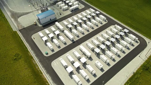 Modern battery energy storage system with large capacity containers for storing renewable energy, a crucial element for a sustainable and decarbonized future, stabilizing the electric power grid