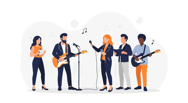 Diverse Band Performing Music Live with Guitars and Microphones, Vector Illustration