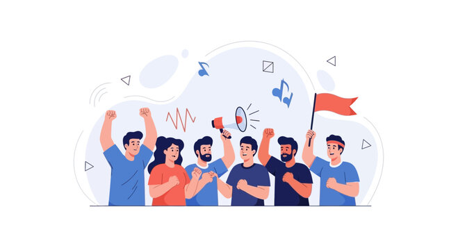 Diverse group of people protesting with flags and megaphones, conveying a message of unity and activism in a modern flat vector style.