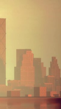 Tall buildings stand against a colorful sky as the sun sets. Their outlines are visible against the vibrant tones. Water reflects the scene, creating a warm atmosphere.