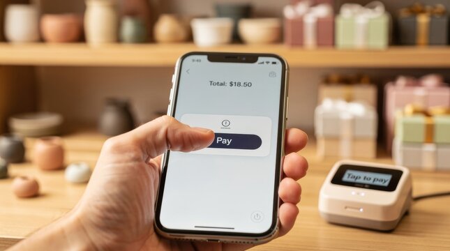 Hand holding iPhone initiating mobile payment on screen