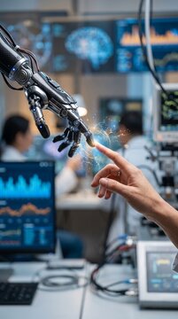 Human and robotic hand touching in a high tech research laboratory
