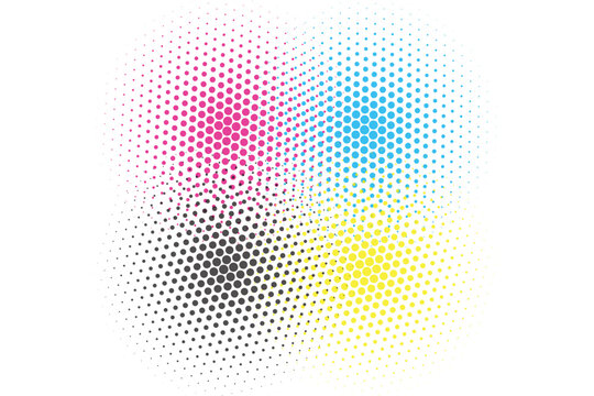 Symmetrical cmyk color dot rosette pattern with pink, blue, yellow, and black gradients dotpattern