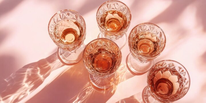 five cut crystal glasses filled with pink ros&eacute; on a pastel pink tabletop, sunlit reflections and soft shadows creating an elegant warm summery mood