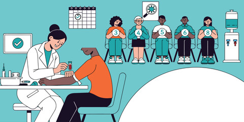 Naklejka premium Flat vector illustration showing a diverse group of patients waiting for a medical blood test procedure