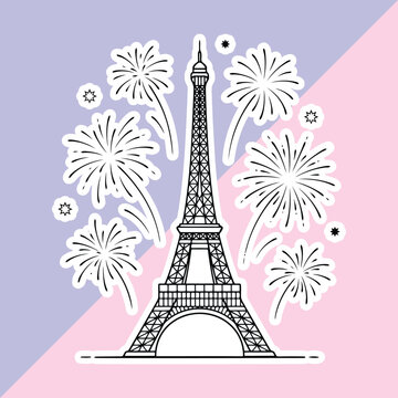 Eiffel Tower with Fireworks Line Art Vector Sticker Illustration