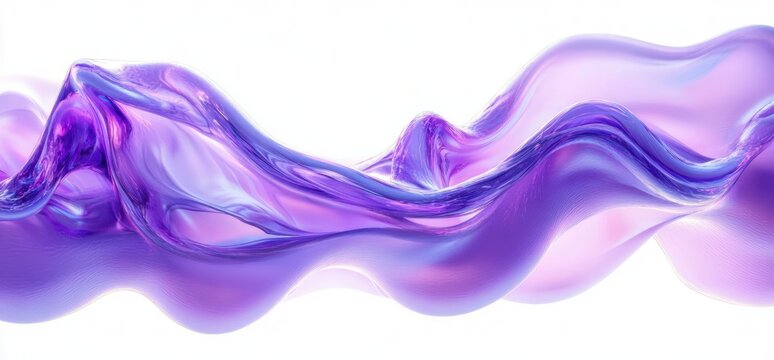 translucent purple and pink glasslike flowing ribbons forming smooth undulating waves on white background, elegant dreamy motion