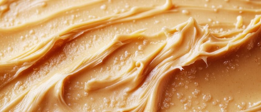 Close-up of creamy peanut butter swirled with coarse salt crystals, warm golden texture, appetizing and indulgent