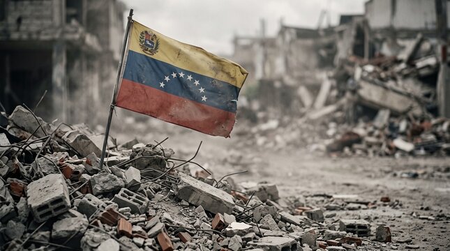 Venezuelan flag on rubble in dusty disaster zone. Aftermath of severe earthquake catastrophe. National tragedy and humanitarian crisis in disaster zone.