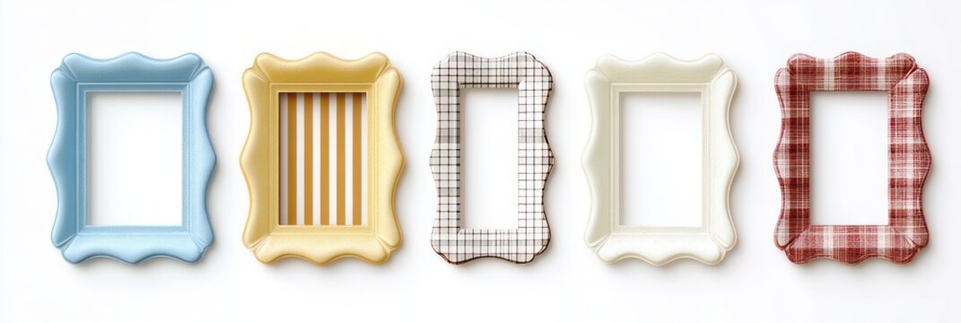 Five decorative scalloped picture frames in pastel blue, yellow with vertical stripes, beige checkered, cream, and red plaid on white background, playful and cheerful