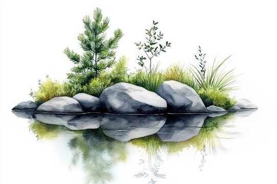 small rocky islet with a young pine tree, grasses and shrubs reflected in calm water, serene peaceful natural scene
