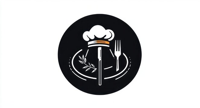 minimalist circular culinary emblem with chef hat atop a vertical utensil, fork, plate outline and olive sprig conveying professional inviting dining