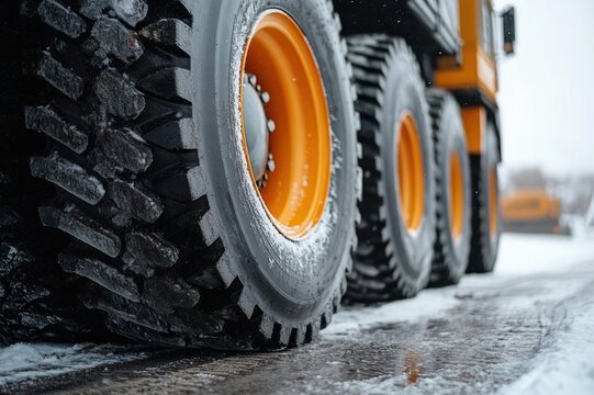 Close-up of large orange-rimmed heavy truck tires on icy wet road, rugged winter-ready treads conveying power and resilience