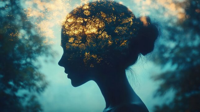 silhouette of woman with hair bun and blurred rectangular block over face, double exposure of sunlit trees inside her head against teal mist, dreamy contemplative mood
