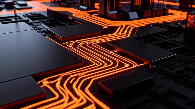 Circuit board with glowing orange lines