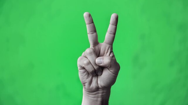 Close-up of hand making peace sign gesture with index and middle fingers extended against vibrant green background, symbolizing harmony, positivity, and peace