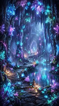 Magical crystal cave with glowing stones and underground river