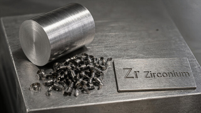 Metal block and metal shavings of zirconium on a work surface with a label displaying the element symbol Zr and name Zirconium