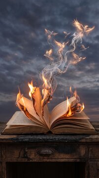 Burning book with glowing birds rising from flames