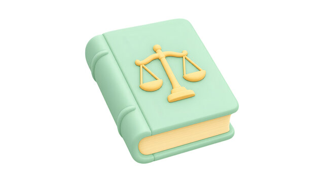 3D render of a green legal code book with a golden scale of justice symbol