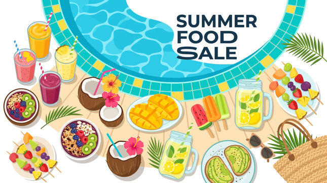 Summer food sale by the pool with colorful drinks and desserts on a table