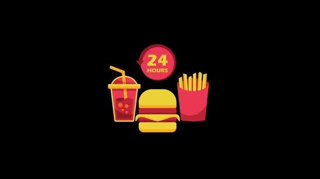 Fast food burger meal with fries and drink animation featuring a twenty four hour service symbol in a flat vector style design for marketing and restaurant promotional motion video footage
