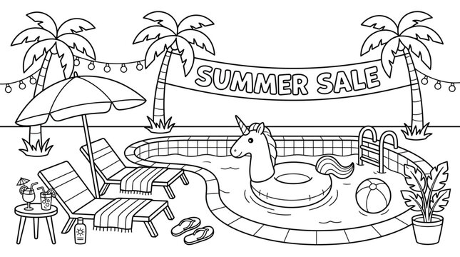 A unicorn inflatable floats in a pool during a summer sale by the lounge chairs.