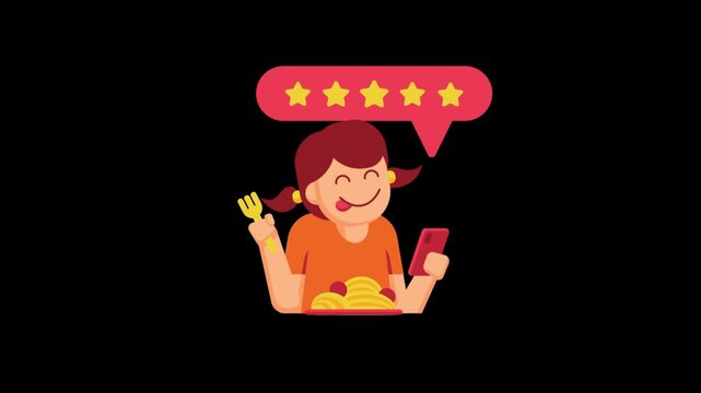 Happy girl eating delicious spaghetti pasta while holding a smartphone and leaving a five star review in this colorful flat vector animation footage showing a positive digital customer feedback experi