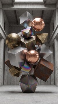 Abstract metallic geometric shapes in a concrete industrial space
