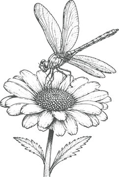 Vintage Dragonfly on Daisy Flower Engraving Vector | Botanical Insect Antique Hand Drawn Illustration