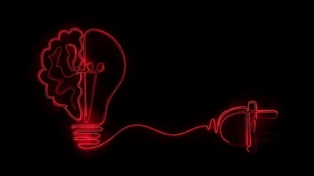 Dynamic neon brain lightbulb connected to power plug electric idea concept animation.
