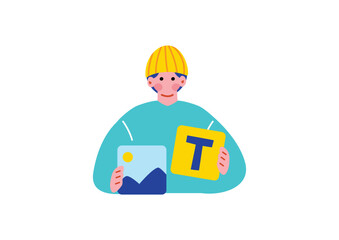 Naklejka premium でサインを考えるクリエイターの男性のイラスト