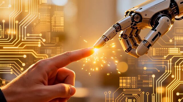 Human hand touching robotic finger with sparks