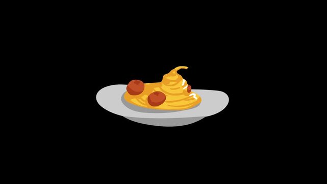 Delicious breakfast food items including a fried egg a wedge of yellow cheese and a steaming bowl of hot soup are presented in this minimalist animated motion graphics video clip