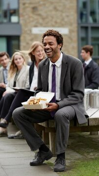 Smiling diverse businessman enjoying an outdoor lunch break, a relaxed moment with colleagues during an informal meal, happy snack time, taking a refreshing corporate time break