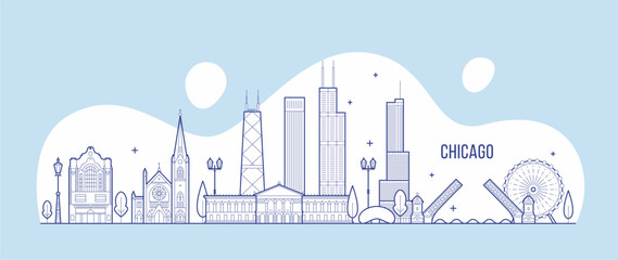 Obraz premium Chicago skyline silhouette in soft blue tones. Cloud-like shapes frame the city's iconic structures. Skyscrapers, church spires, and a Ferris wheel appear