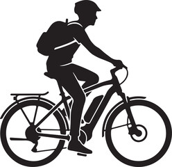 Fototapeta premium Black silhouette of a person riding an electric bicycle with a backpack for commuting or outdoor travel
