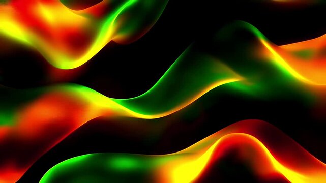 Abstract background with flowing liquid waves of vibrant red yellow and green colors on black.