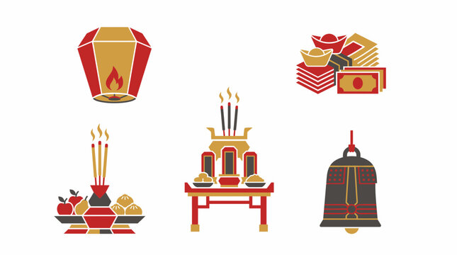 Flat Vector Icon Set for Ghost Festival Featuring Floating Lantern Joss Paper Incense Sticks Ancestral Altar and Offering Tray in Red and Gold