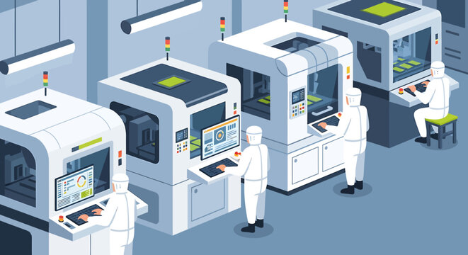 Isometric vector illustration of workers in cleanroom suits operating high tech semiconductor manufacturing machinery in a factory.